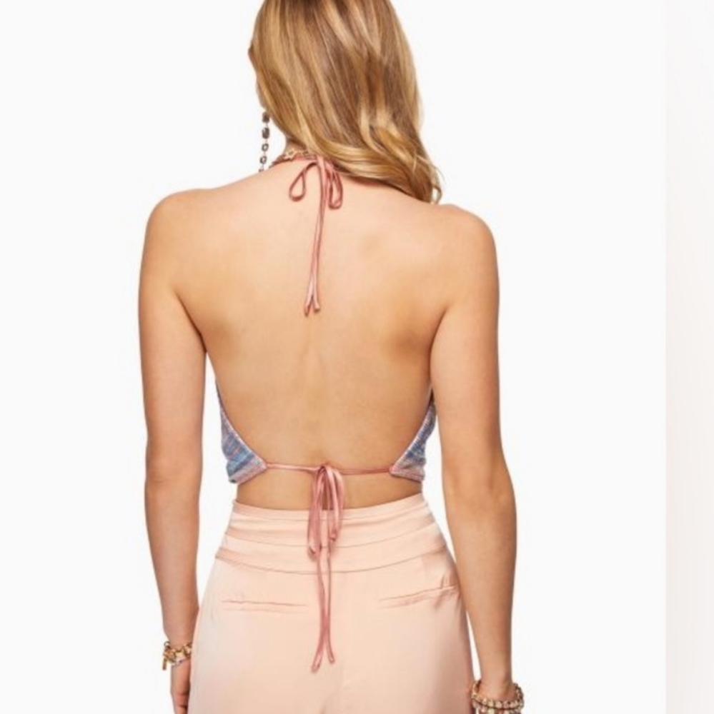 Ramy Brook Blue and Pink Metallic Draped Halter Crop Top - Picture 2 of 5